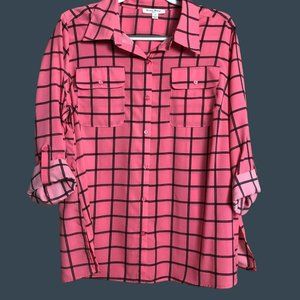 Studio Works 2X Pink Window Pane Roll Sleeve Blouse